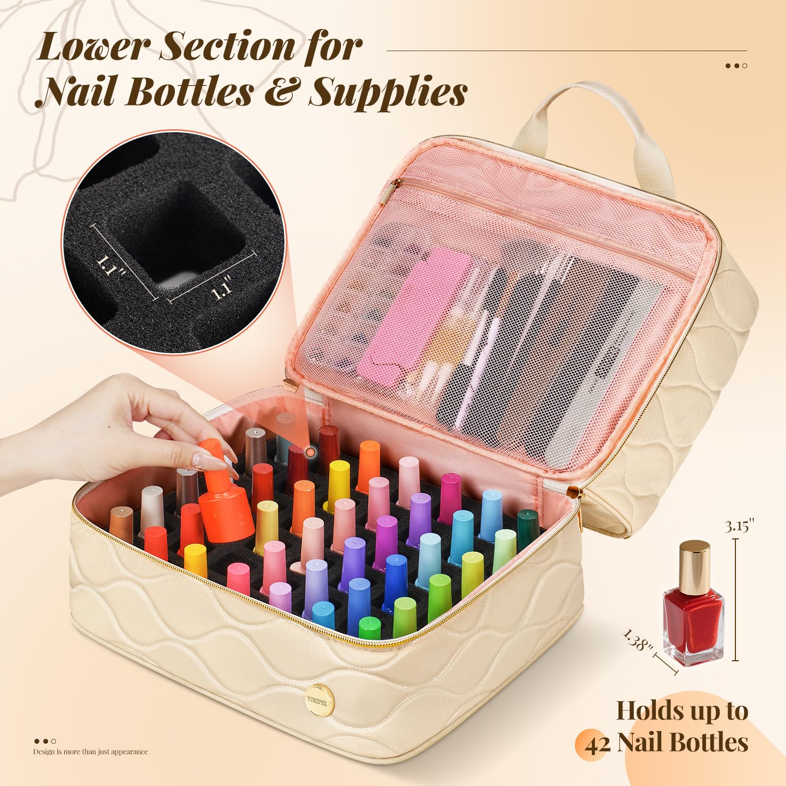 YOREPEK Nail Polish Organizer Case Holds 42+ Bottles (15ml/0.5 fl.oz), 2-Layer Nail Kit Bag with Compartments for Nail Supplies, UV Lamp, Nail Tech Organizers and Storage for Manicure Tools, Beige