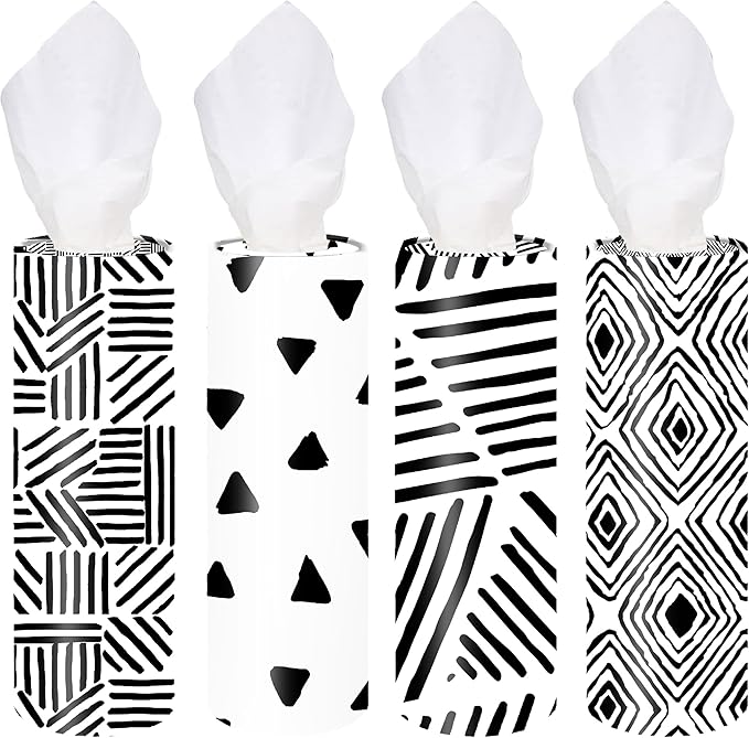 4-Pack Car Tissue Cylinders - Modern Black Line Design, Fits Car Cup Holders, Travel Tissue Tubes with Facial Tissues (Black & White)
