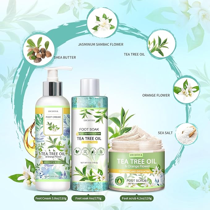 LUCOTIYA Tea Tree & Orange Flower Foot Soak Set - Salts, Foot File, Scrub & Urea Cream Pedicure Supplies for Dry, Cracked Feet - Foot Spa Pedicure Kit for Women Men