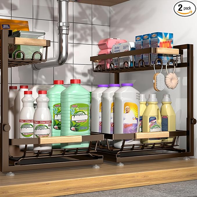Sevenblue 2 Packs Under Sink Organizer, Height Adjustable 2 Tier Under Kitchen Sink Organizer, Multi-Purpose Storage Shelf for Kitchen Bathroom Cabinet (Brown, Extra Large)