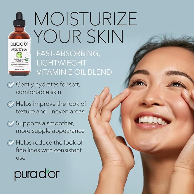 PURA D'OR 4 Oz Organic Vitamin E Oil 70,000 IU, USDA Certified Ayurvedic Skin Care, Face, Body w/Argan, Jojoba, Rosehip, Apricot, Almond & Avocado, Lightweight Moisturizer for Soft, Smooth Skin