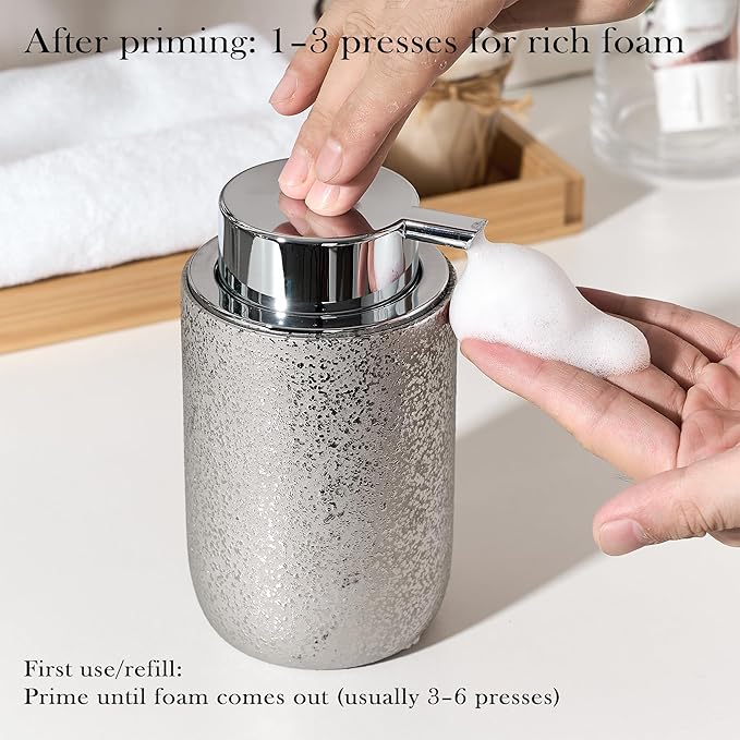 GIRLUFO Speckled Silver Ceramic Foaming Soap Dispenser, 12 oz Refillable Foam Soap Pump Bottle for Bathroom Vanity, Kitchen Sink and Countertop