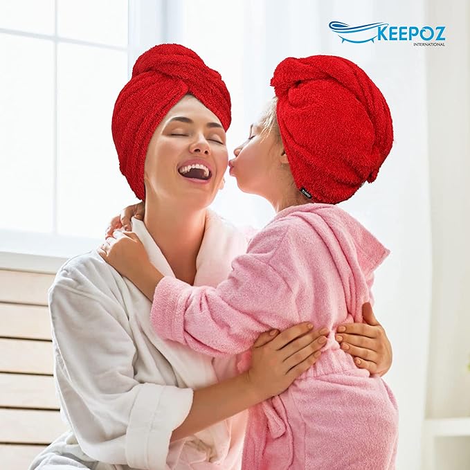 KEEPOZ Hair Towel Wrap Quick Dry 100% Cotton Super Absorbent Turban Head Wrap for Women with Button, Non Microfiber Anti Frizz Hair Products, Hair Cap for Curly, Long & Thick Hair (Red, 1 Pc)
