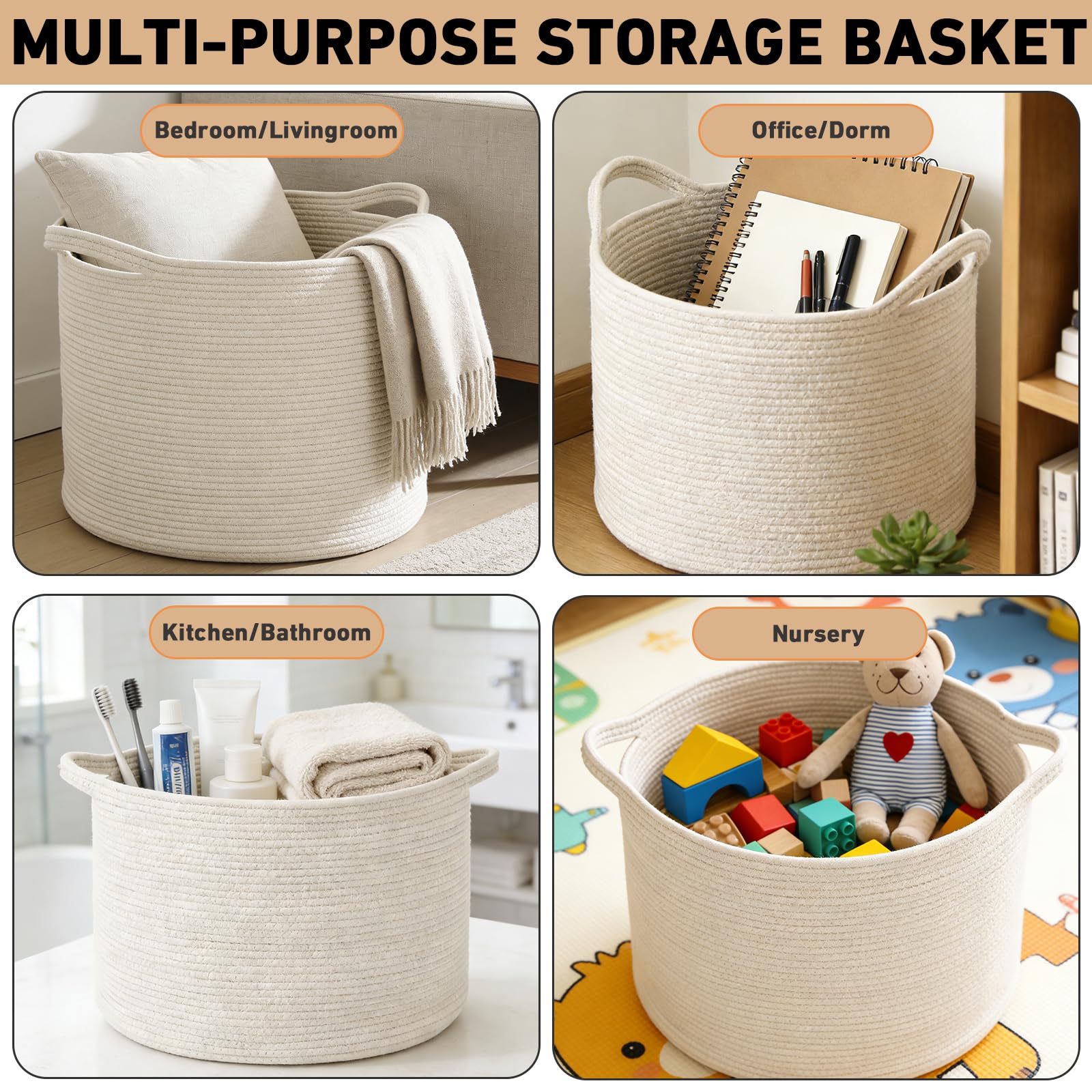 HZFTJOY 115L Extra Large Woven Cotton Rope Blanket Basket-White