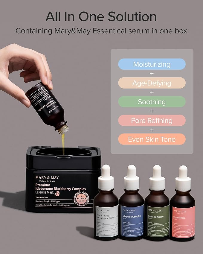 Mary&May Idebenone Blackberry Essence Mask, Bamboo Charcoal, 20 Sheets