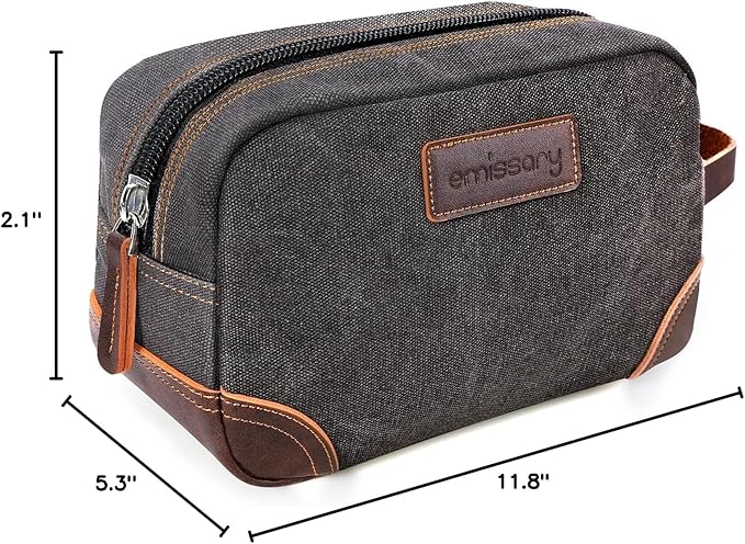 emissary Men's Canvas Travel Toiletry Bag, Leather Dopp Kit - Gray