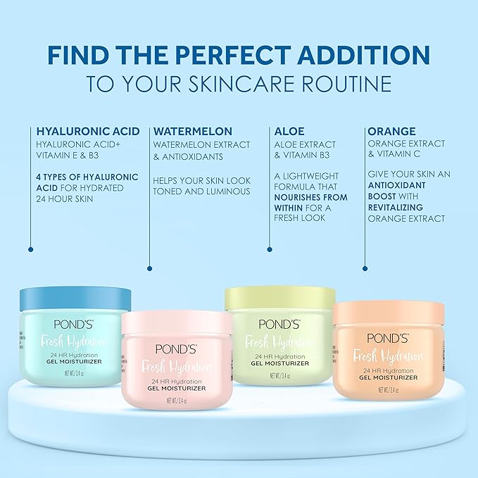 POND’S Fresh Hydration Gel Face Moisturizer, 24HR Hydration with Hyaluronic Acid, Vitamin E & B3 Niacinamide, Alcohol-Free, Oil-Free, Dermatologist Tested, 3.4 oz