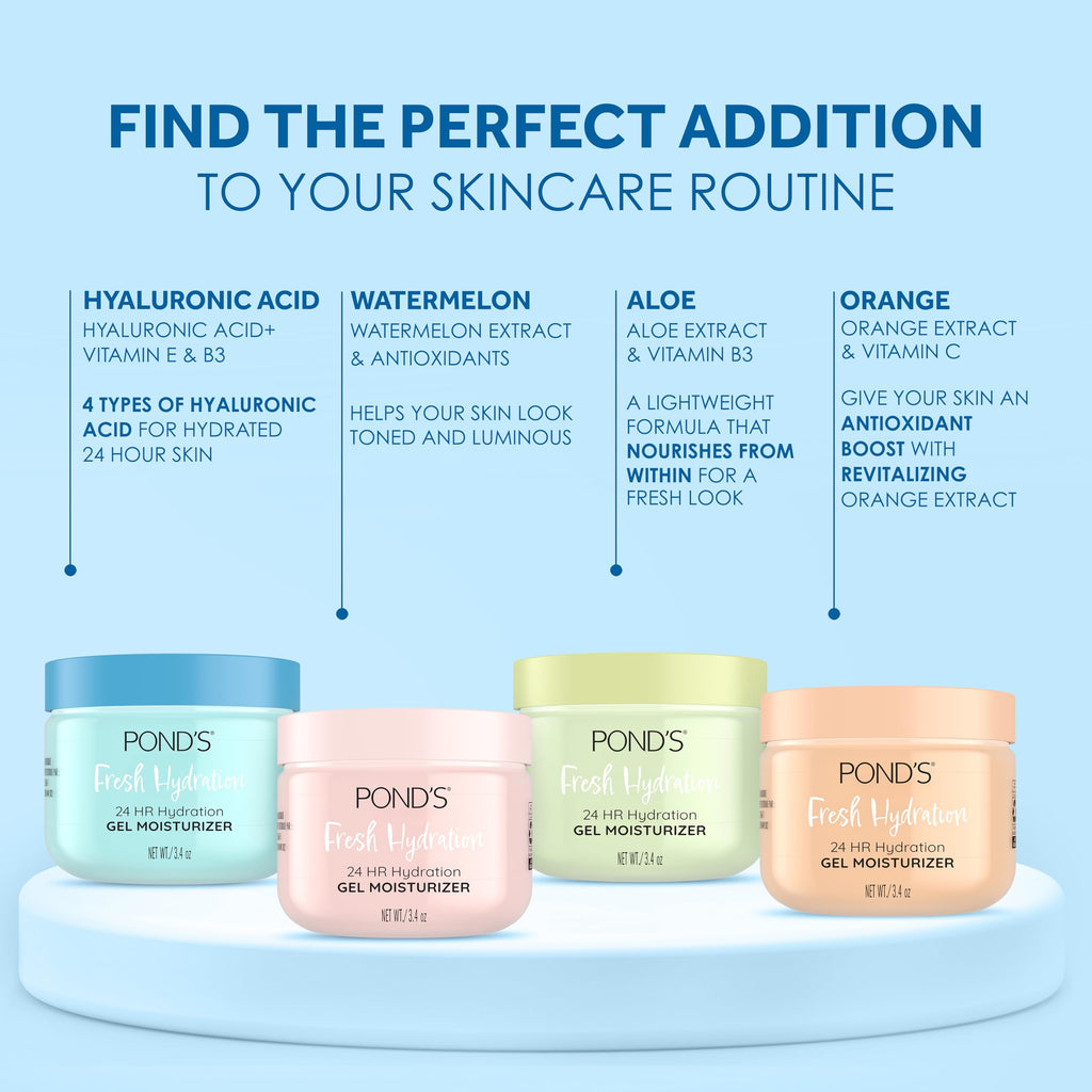 POND’S Fresh Hydration Gel Face Moisturizer, 24HR Hydration with Hyaluronic Acid, Vitamin E & B3 Niacinamide, Alcohol-Free, Oil-Free, Dermatologist Tested, 3.4 oz
