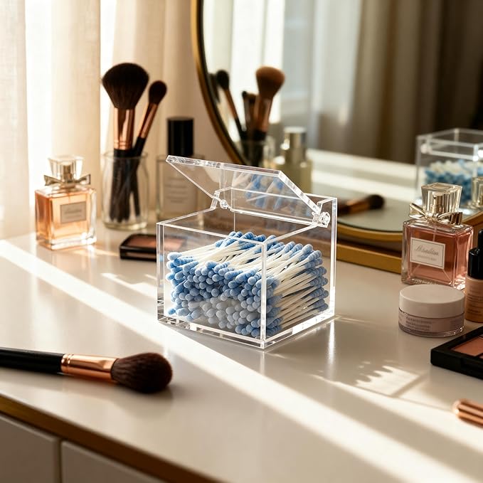 Dealpoli Clear Acrylic Qtip Holder With Lid Cotton Balls Swab Organizer,Square Q Tip Storage, Floss Picks, Bath Salts, Cotton Wab Holder,Home Bathroom Decor (DP011)