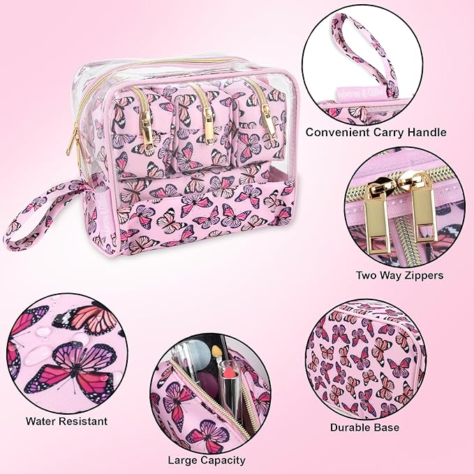 Emma & Chloe Travel Toiletry Bags for Women, 5 Piece Waterproof Cosmetic Case, Bag, Pouch Makeup Organizer Set for Women, Home Counters (Fluttering Pink Butterflies)