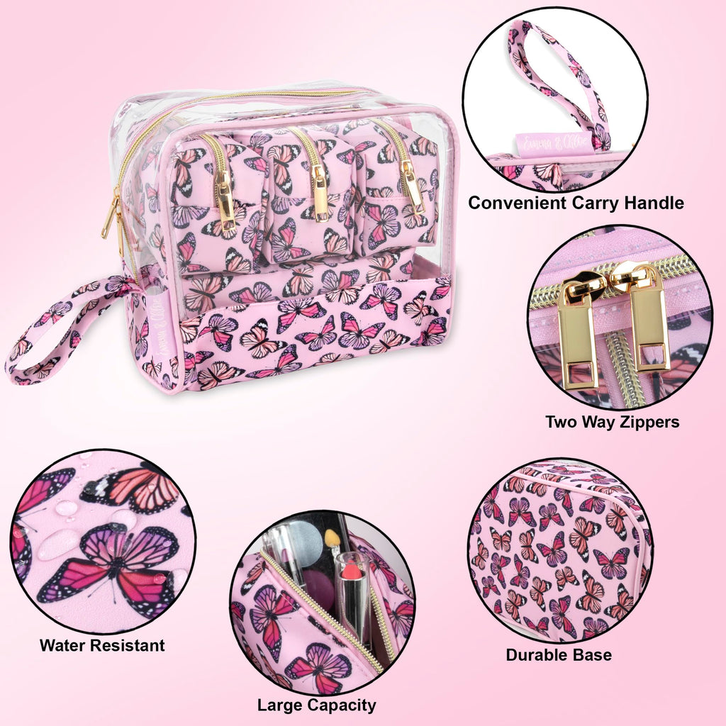 Emma & Chloe Travel Toiletry Bags for Women, 5 Piece Waterproof Cosmetic Case, Bag, Pouch Makeup Organizer Set for Women, Home Counters (Fluttering Pink Butterflies)