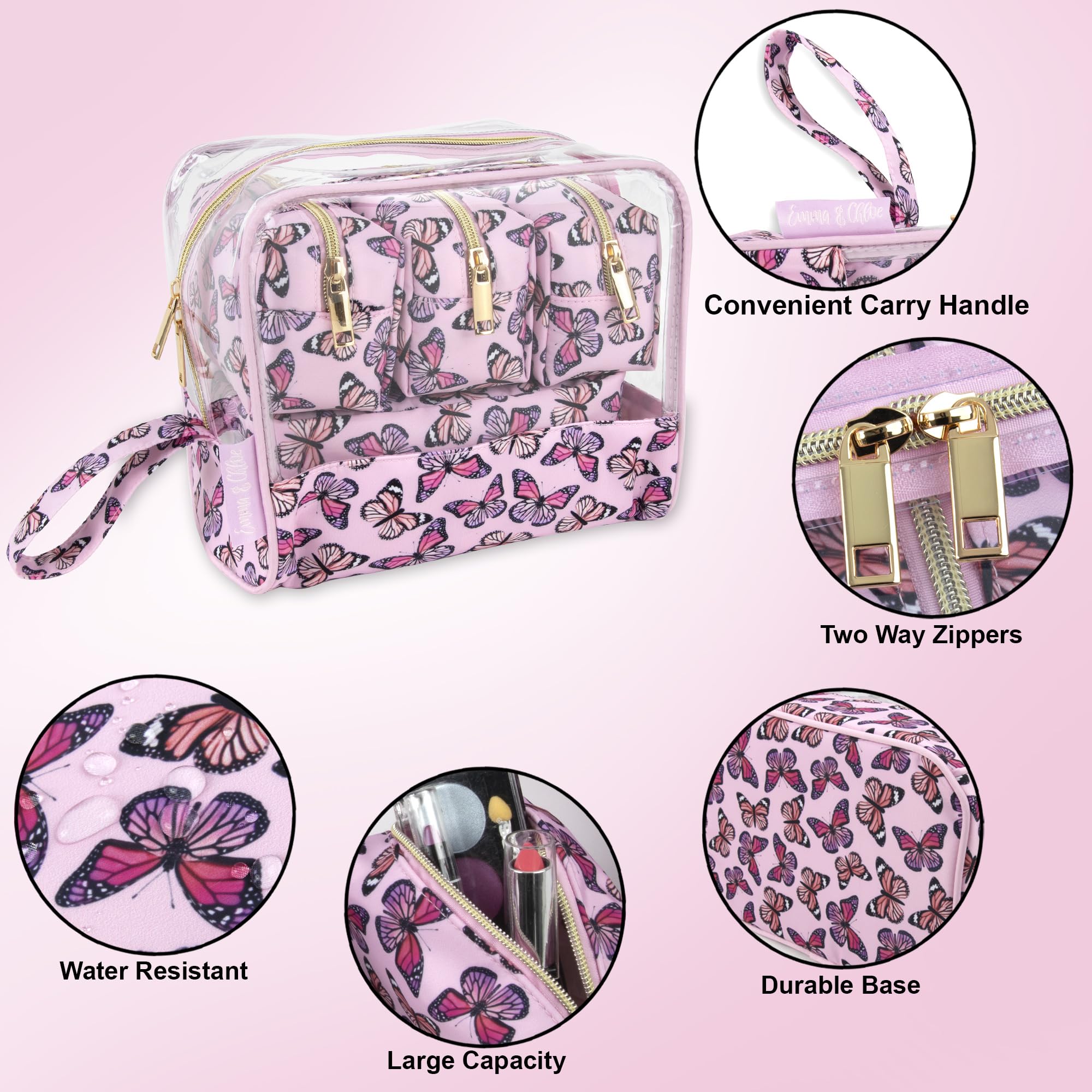 Emma & Chloe Travel Toiletry Bags for Women, 5 Piece Waterproof Cosmetic Case, Bag, Pouch Makeup Organizer Set for Women, Home Counters (Fluttering Pink Butterflies)