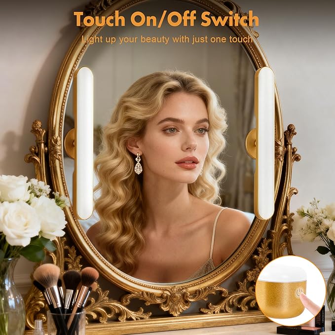 cambk Set of 2 Wireless Vanity Makeup Lights for Mirror, Rechargeable LED Stick On Light Bar for Bathroom Mirror with Dimmable 3 CCT, Long Battery Life Cordless Light for Vanity Desk(Gold)