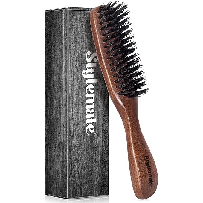 STYLEMATE Hair Brush for Men, Mens Nylon Stiff Bristles Hard Firm Hair Brush for Thick Hair, Slick Back Natural Black Walnut Wooden Handle for Smoothing, Detangling, Styling