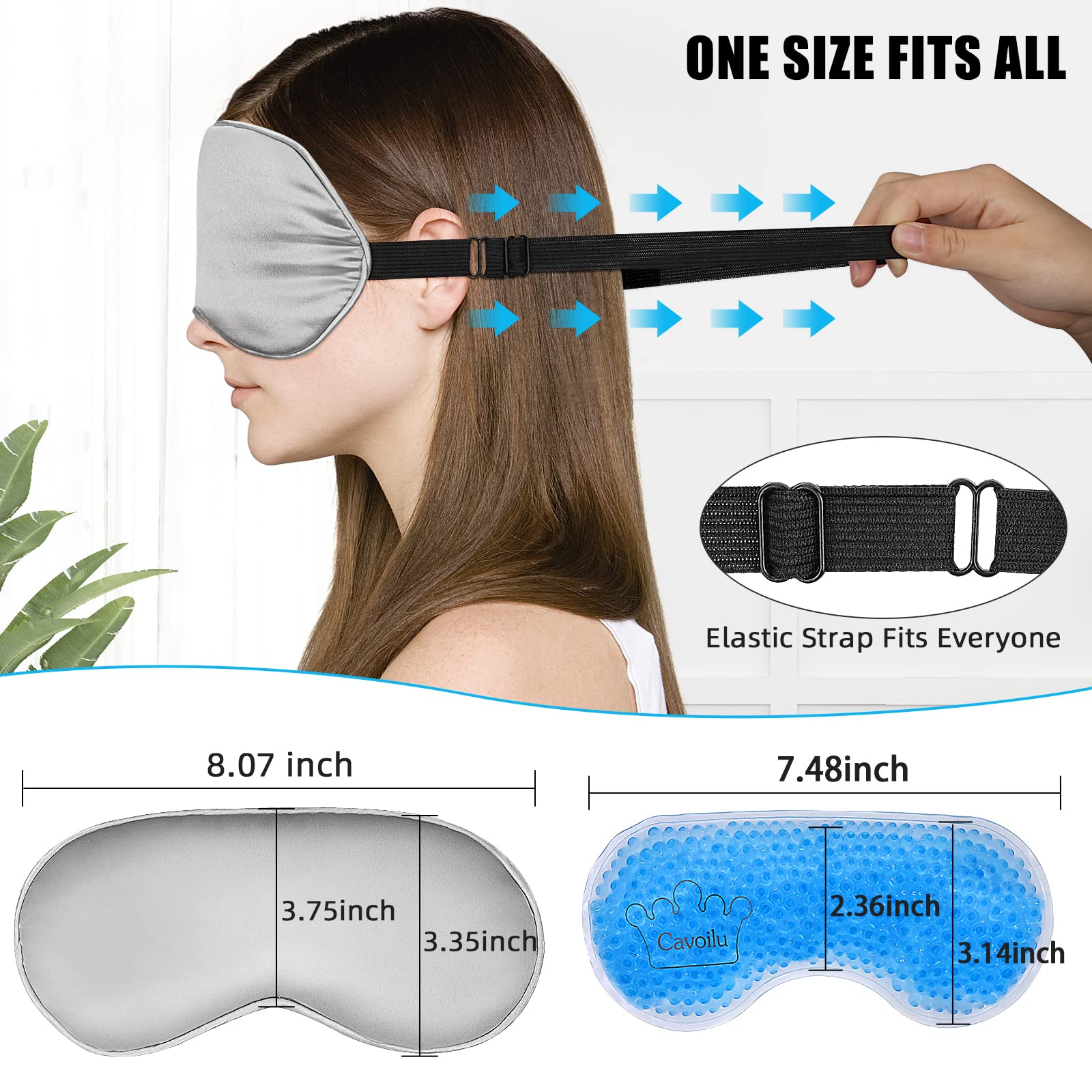 Cavoilu Sleep Mask w/ Cooling Gel Eye Mask, Silk Eye Mask for Sleeping, Hot & Cold Eye Masks, Blindfold Eye Cover Sleeping Mask for Home Office Travel, Yoga, Stocking Stuffers for Men Women (Grey)