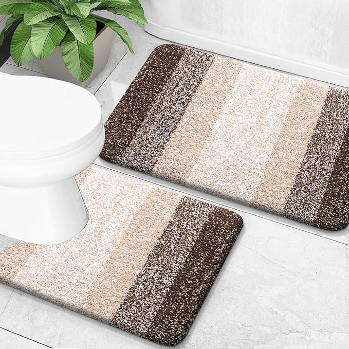 OLANLY Bathroom Rug Set 2 Piece, Soft Absorbent Microfiber Bath Mats and U-Shaped Contour Toilet Rug, Non-Slip, Machine Wash Dry, Plush Shaggy Bath Mats for Bathroom (24"x16"+24"x20", Light Brown)