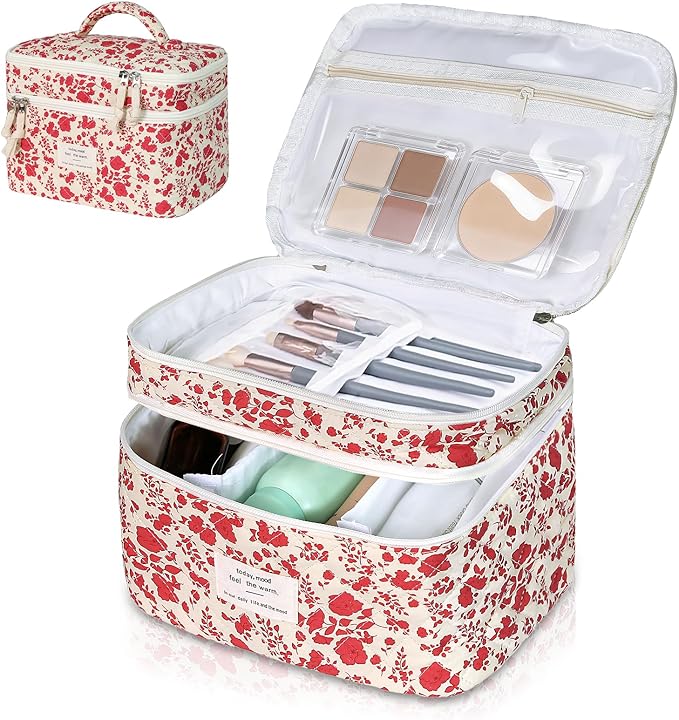 Gosect Makeup Bag, Portable Travel Make up Bag, Large Capacity Quilted Cosmetic Organizer Bag, Cute Floral Toiletry Bag for Women Girls (Bright Pink Rose)