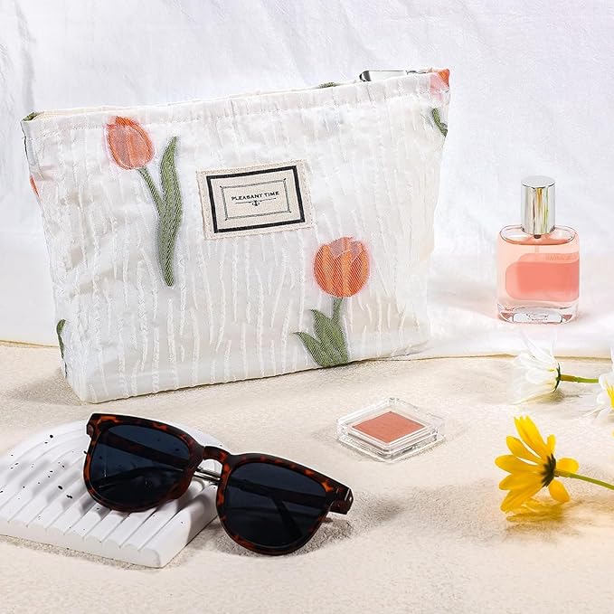 URSKYTOUS Tulip Makeup Bag Travel Cute Floral Cosmetic Bags for Women Large Embroidery Makeup Pouch Zipper Cosmetic Pouch for Purse Aesthetic Make up Organizer Bag Portable Toiletry Bag