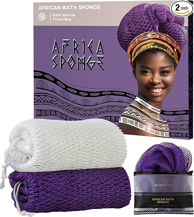 African Net Sponge Authentic - 2 Pieces 52IN Stretched Length Exfoliating Body Scrubber Bath Sponge - Loofah Washcloth Back Scrub for Shower Body Exfoliator