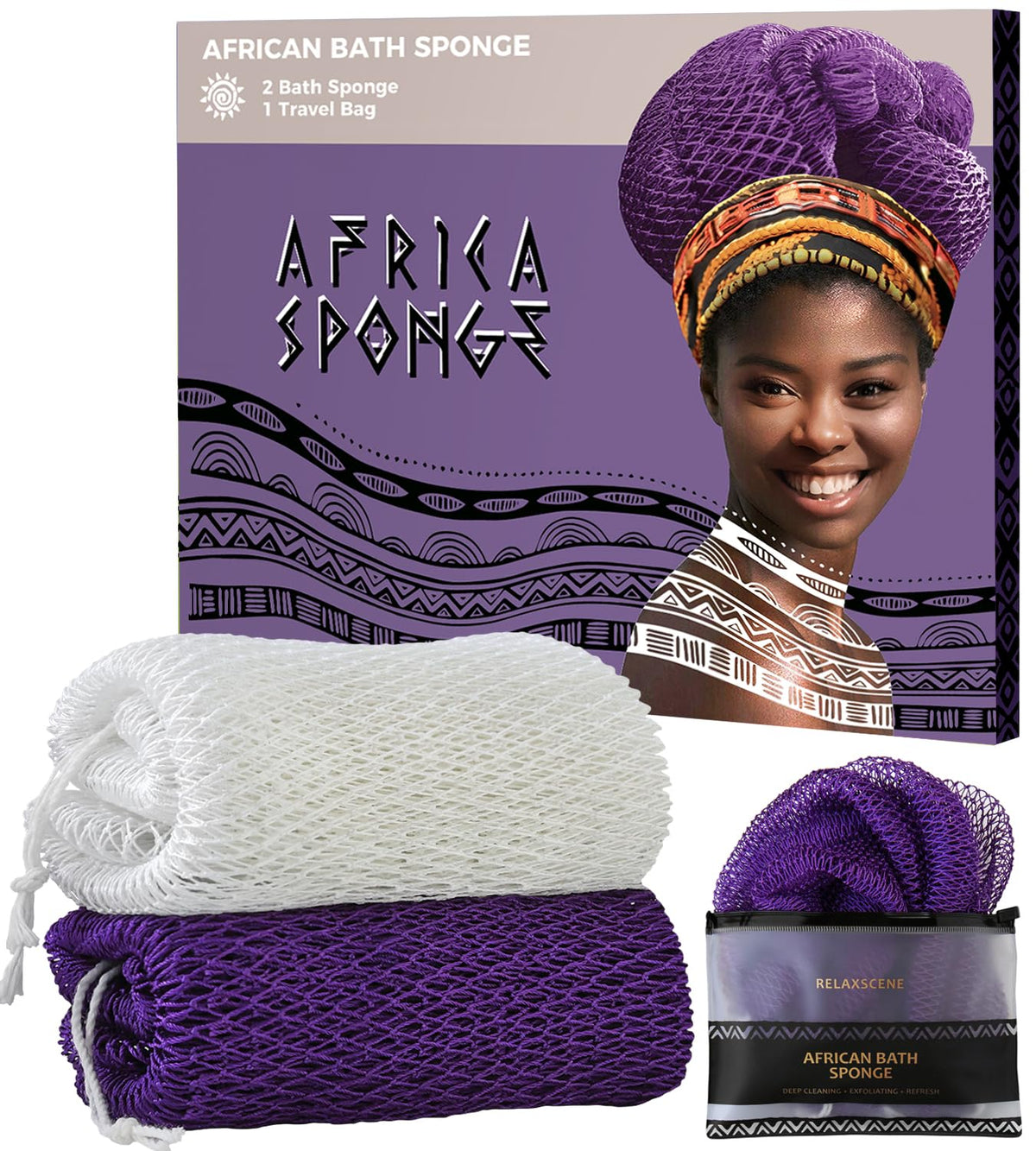 African Net Sponge Authentic - 2 Pieces Exfoliating Body Scrubber Bath Sponge - Back Scrubber Washcloth for Shower - Real African Scrub Exfoliator Body Care Bathing Accessories for Women