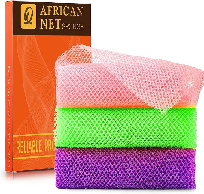 3 Piece Bright Style African exfoliating net Exfoliating Shower Set Long Bath Sponges for Smooth, Refreshed Skin, The Exterior Gleams - Ideal for Daily Use (Bright Yellow, Purple)
