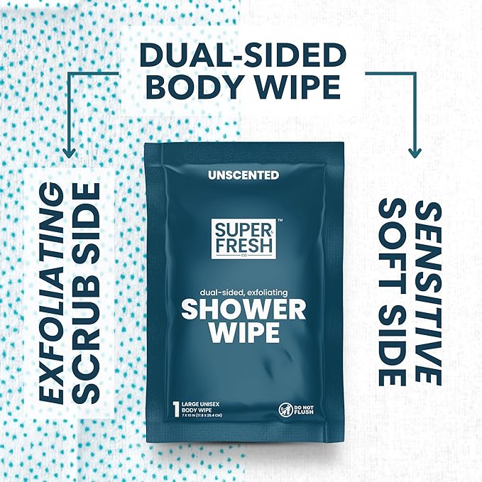 Super Fresh Shower Body Wipes, Travel Essentials for Camping, Large Unscented for Adults, Women, Men, Kids Personal Hygiene Cloth Enriched with Aloe and Vitamin E, Individually Wrapped 10 Pack