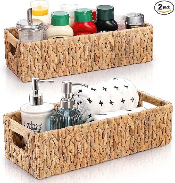 2 Pack Wicker Storage Baskets, Water Hyacinth Holder for Toilet Paper, Rectangular Natural Bins with Built-in Handles, Handwoven Organizer for Bathroom Kitchen Pantry Tank Top, 2 Sizes