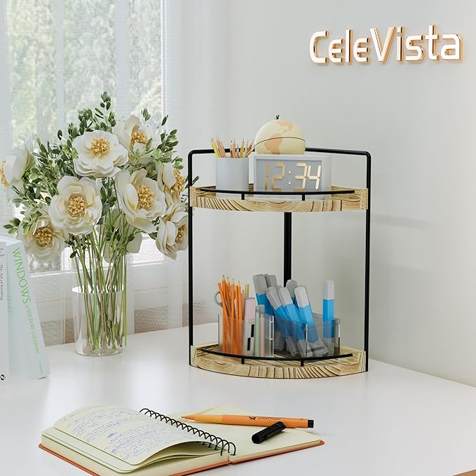 CeleVista Corner Bathroom Counter Organizer, 2 Tier Wood Vanity Storage, Waterproof Skincare Shelf for Kitchen & Toiletries Decor, Dresser (Rustic-2 Tier)