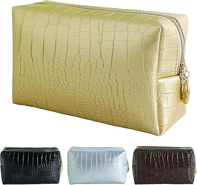 YUDEYG Makeup Bag for Purse, Compact Toiletry Pouch, Crocodile-Embossed Cosmetic Travel Bag, Small Makeup Pouch, Unisex Toiletry Travel Bag