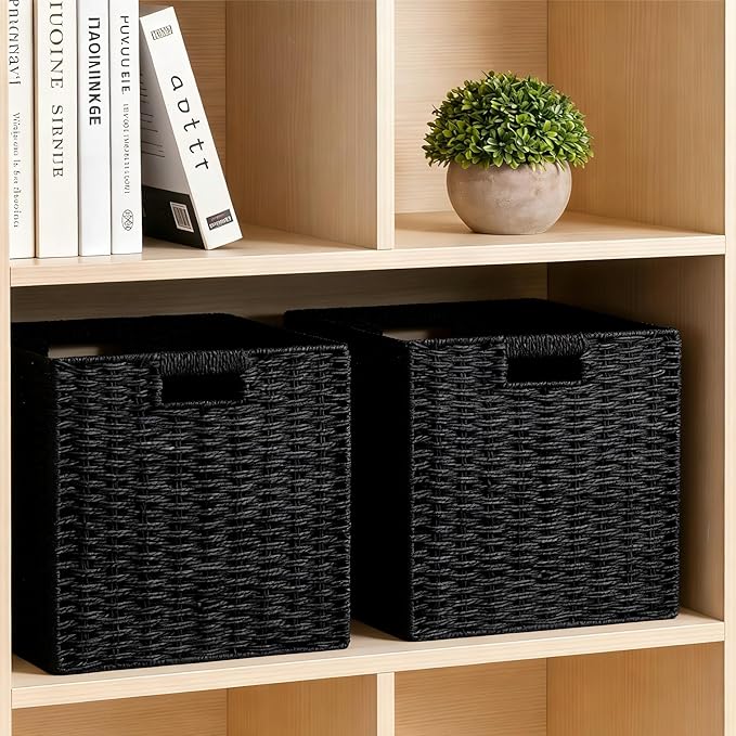 UBBCARE 3 Pack Wicker Basket, 11L×11H×10.5W inch Woven Paper Rope Storage Baskets for shelves, Foldable Cube Storage bin with Handle, Storage Basket for Organizing & Decor, Black
