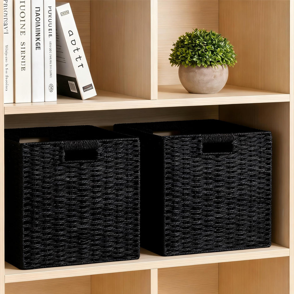 UBBCARE 2 Pack Wicker Basket, 11L×11H×10.5W inch Woven Paper Rope Storage Baskets for Shelves, Foldable Cube Storage bin with Handle, Storage Basket for Organizing & Decor, Black