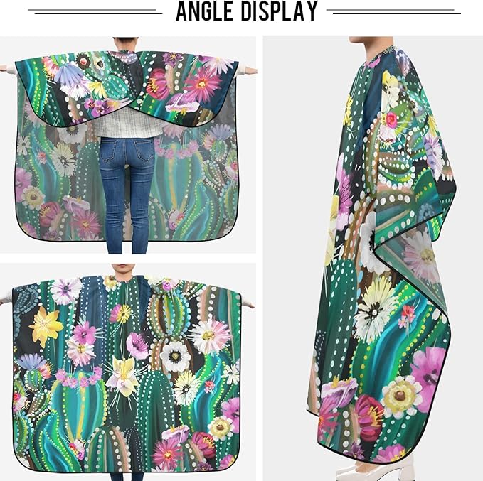 Visesunny Barber Cape - Green Cactus With Flower Polyester Hair Cutting Salon Apron Anti-Static Haircut Water-Resistant Shaving Cloth Beard Shaving Bib Hairdressing Cape