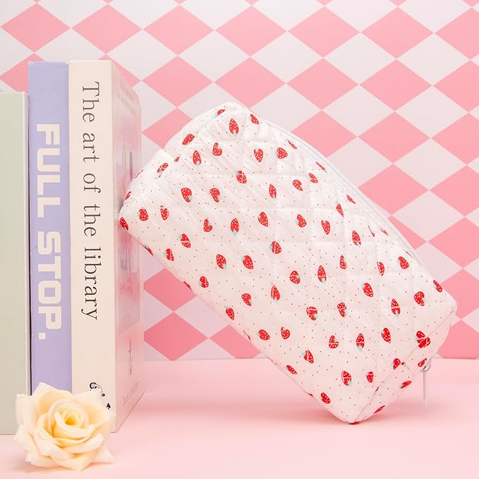 PAZIMIIK Small Quilted Makeup Bag,Zipper Cosmetic Pouch,Strawberry