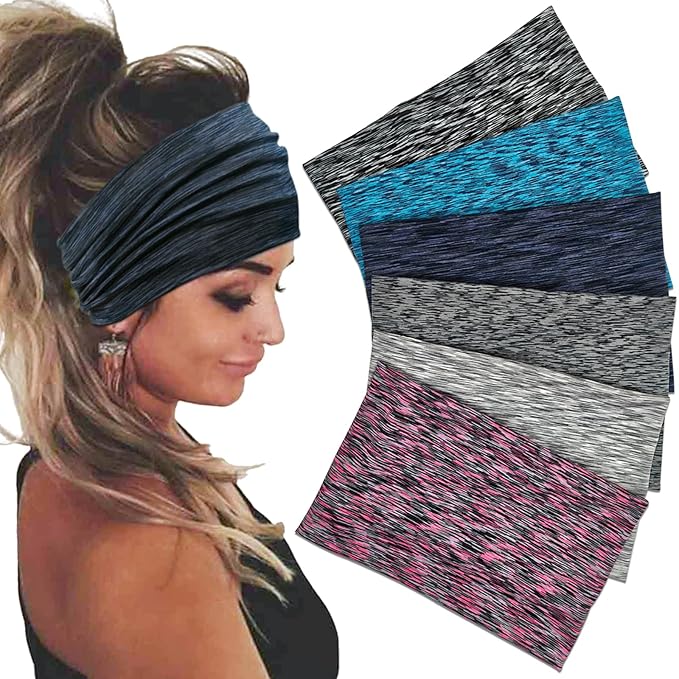Wide Headbands For Women Stretch Headband Boho Head Bands Women's Hair Band Turban Workout Hairband Accessories Space Dyed 6 Pack