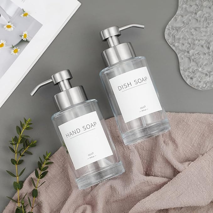 Foaming Soap Dispenser Set, 12 Oz Glass Hand Soap Dispenser with 304 Rust Proof Stainless Steel Pump, Waterproof Labels, for Bathroom Decor Kitchen College Dorm, Clear Silver Pump 2 Pack
