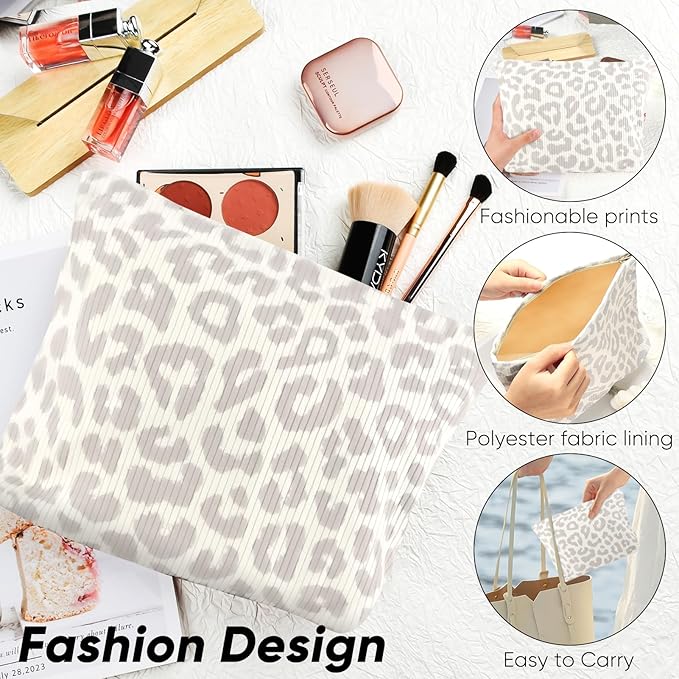 Ksriylm Makeup Pouch for Women Small Make Up Bag for Purse Zipper Initial Makeup Cosmetic Bags Pouches for Purse Aesthetic Travel Toiletry Bags, Grey Leopard Pattern