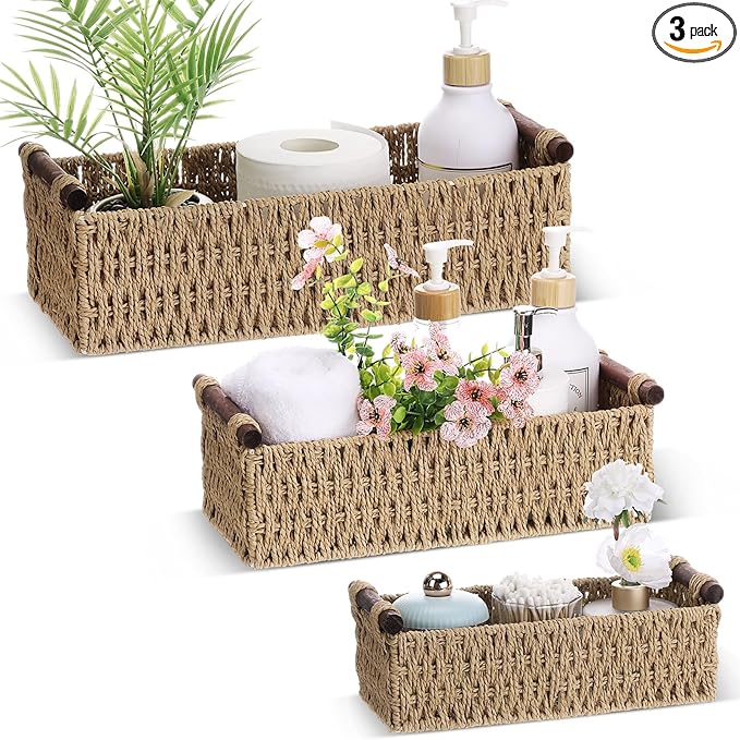 Boao 3 Pcs Boho Storage Wicker Baskets Handmade Woven Decorative Paper Rope Baskets for Organizing with Handle Countertop Toilet Paper Storage Container for Toilet Tank Top(Camel,Rectangle)