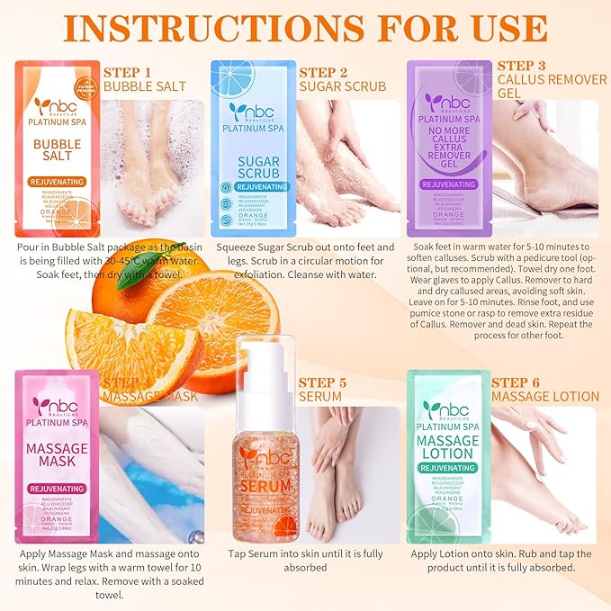 nbc BeautiLab Pedicure Foot Soak Set - Upgraded 6 in 1 Foot Spa, Foot Bath Spa, Pedicure Kit for Tired & Dry Cracked Feet, Athletes Feet, Bad Odor, Softens Calluses (Orange)