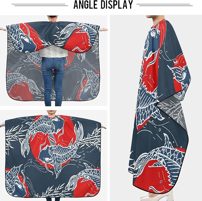 visesunny Barber Cape Japanese Art Carp Polyester Hair Cutting Salon Cape Apron Anti-Static Haircut Water-Resistant Shaving Cloth Beard Shaving Bib Hairdressing Cape