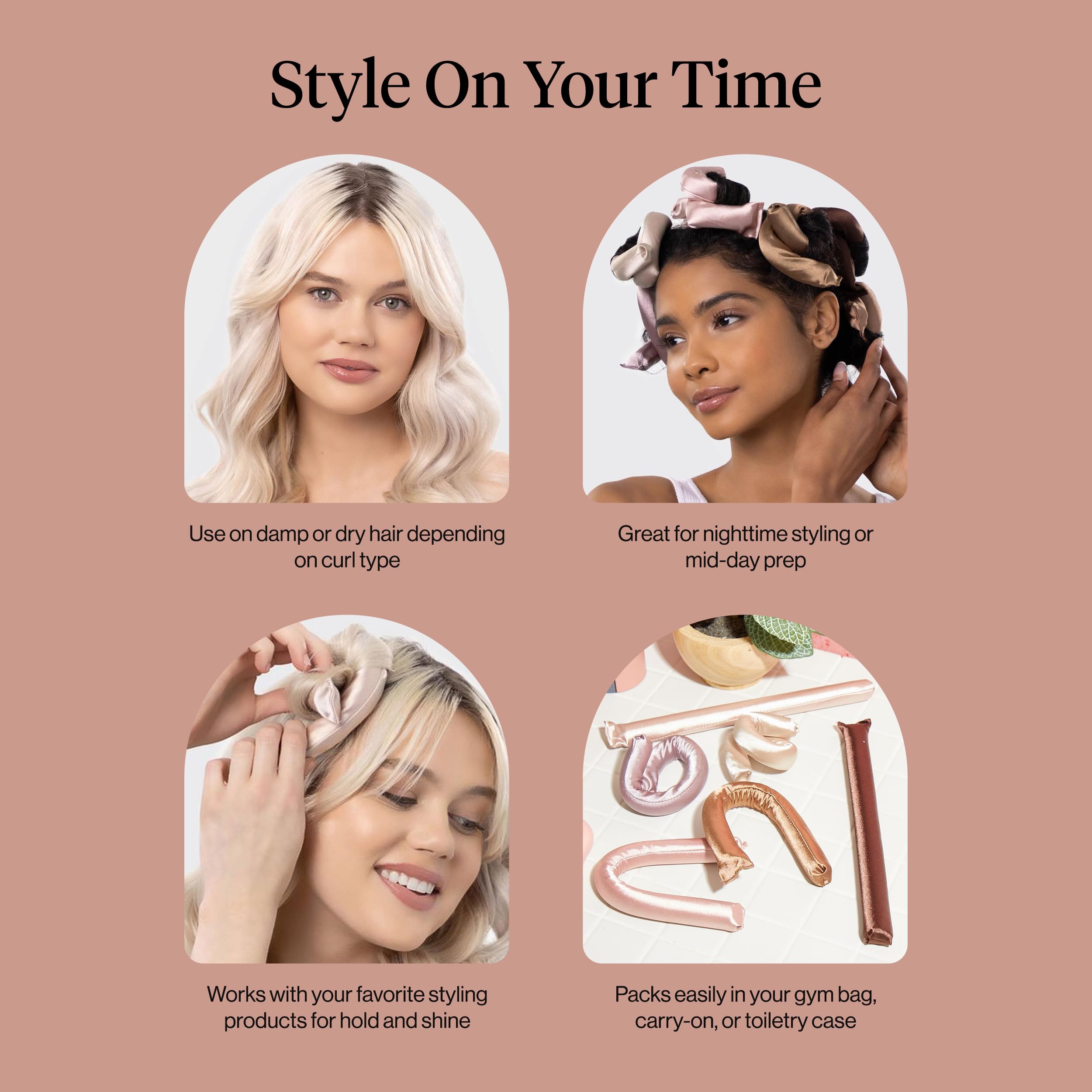 Kitsch Satin Flexi Rods, Heatless Curling Rods - No Heat Curls Overnight, Comfortable Hair Curlers to Sleep In for Frizz-Free and No Heat Damage Styling - 6pcs, Rosewood