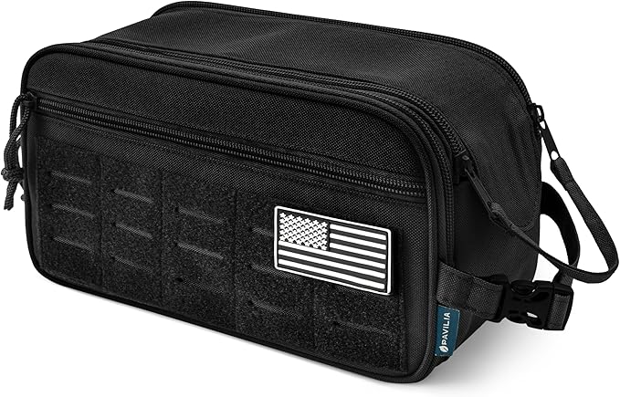 PAVILIA Tactical Toiletry Bag for Men, Water Resistant Molle Military Dopp Kit, Travel Hygiene Organizer with Wet Dry Storage for Shaving, Grooming, Gym and Camping, Black XL