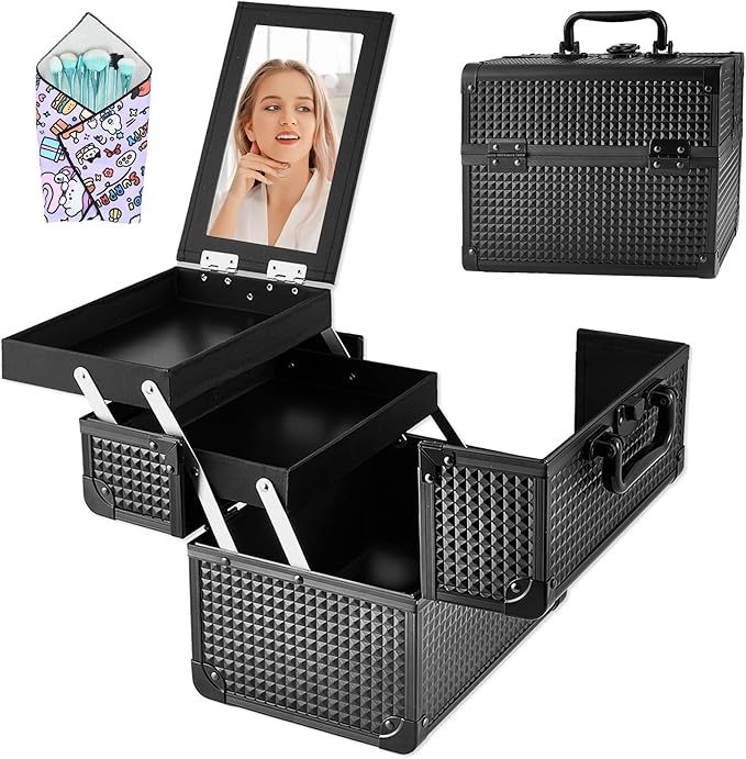 GALHUBIS Makeup Train Case, Portable Makeup Case with Mirror, 2-Trays Cosmetic Organizer Case,Nail Polish Organizer, Travel Makeup Box, Profesional for Salon Barber, Black