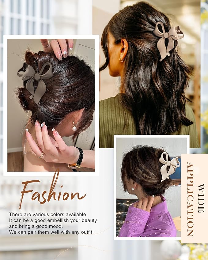 4 PCS Bow Hair Clips Bow Claw Clip for Women, Large Hair Claw Clips for Thin Thick Long Hair Cute Nonslip Bows (Dark khaki+light khaki+Dark Brown+Beige)