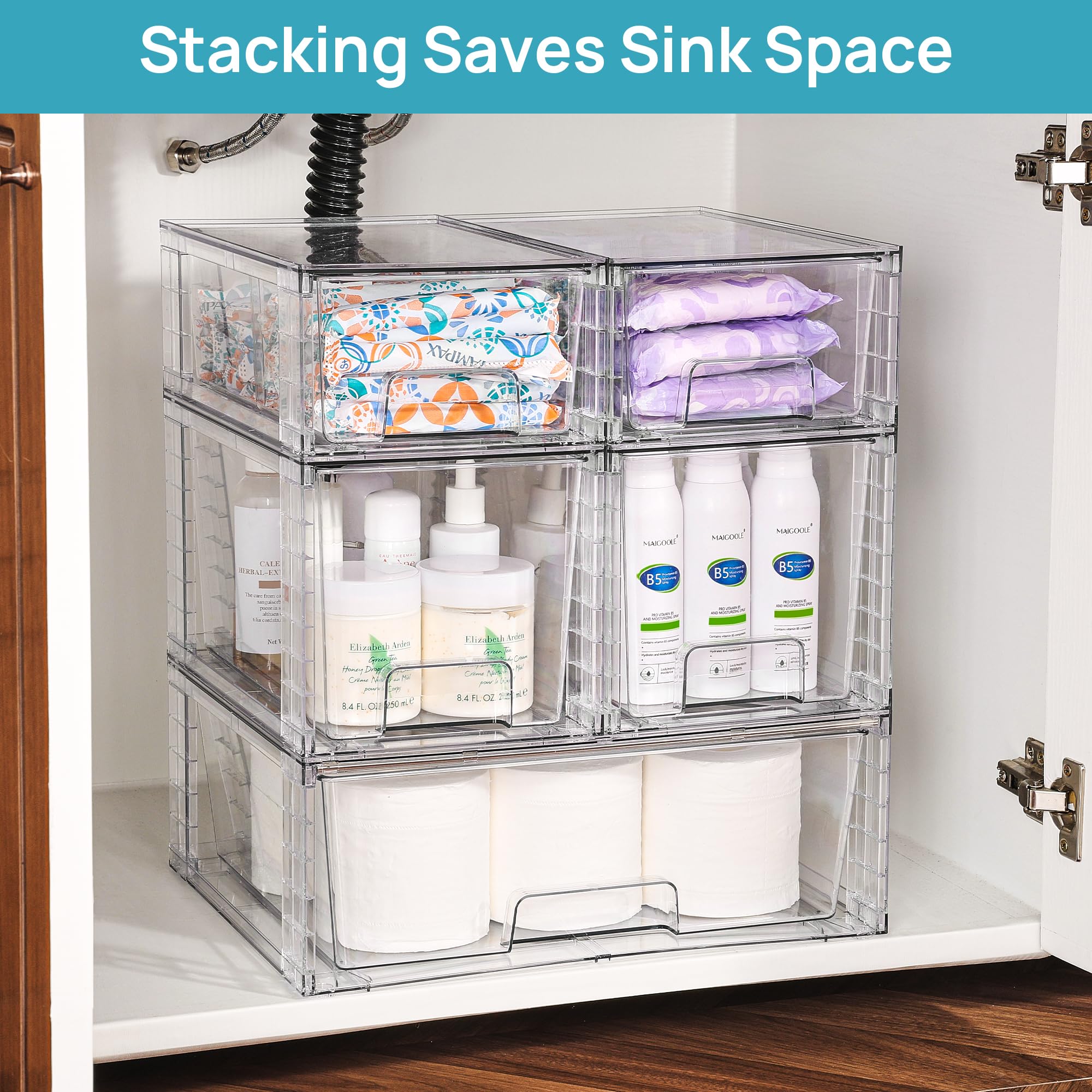 Vtopmart Clear Stackable Storage Drawers, 5 Pack Multi-Size Organizer Set