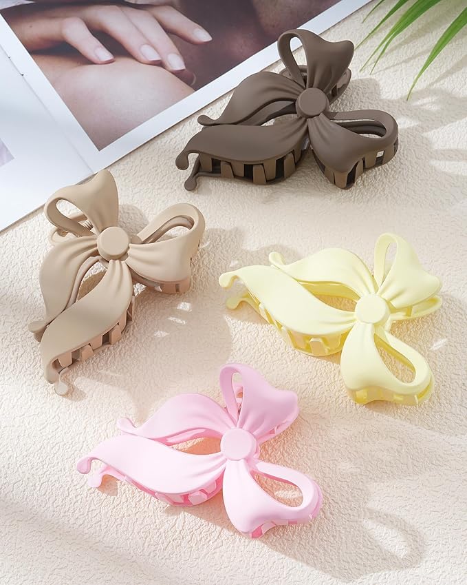 4 PCS Bow Hair Clips Bow Claw Clip for Women, Large Hair Claw Clips for Thin Thick Long Hair Cute Nonslip Bows (Dark Brown+Light Brown+Off-White+Light Pink)