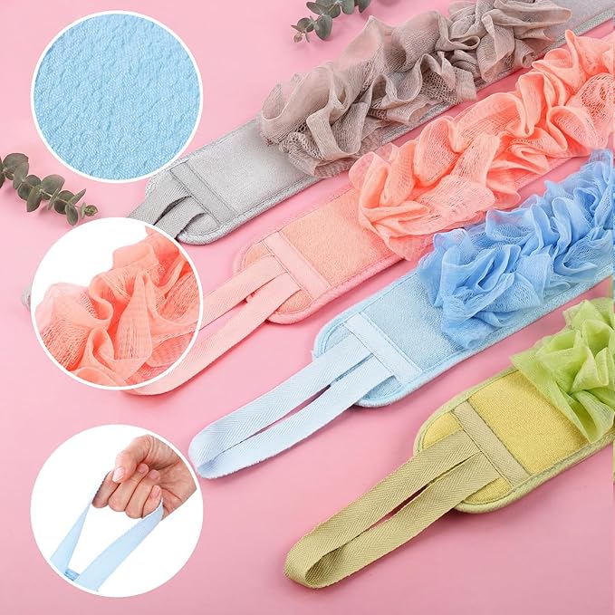 Acellegic 4 Pcs Exfoliating Back Scrubber for Shower Double Sided Exfoliating Washcloth with Strap Long Body Scrub Sponge Shower Loofah with Handle for Women Men Body Washing (Pastel Color)