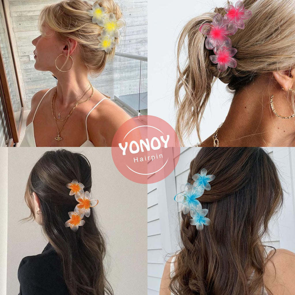 YONOY 6Pcs Flower Hair Clips for Women,Non-Slip Matte Flower Hair Clips for Women,Hawaiian Hair Flower Clip Large Plumeria Strong Hold Hair Claws Banana Cute Clip Beach Hair Accessories