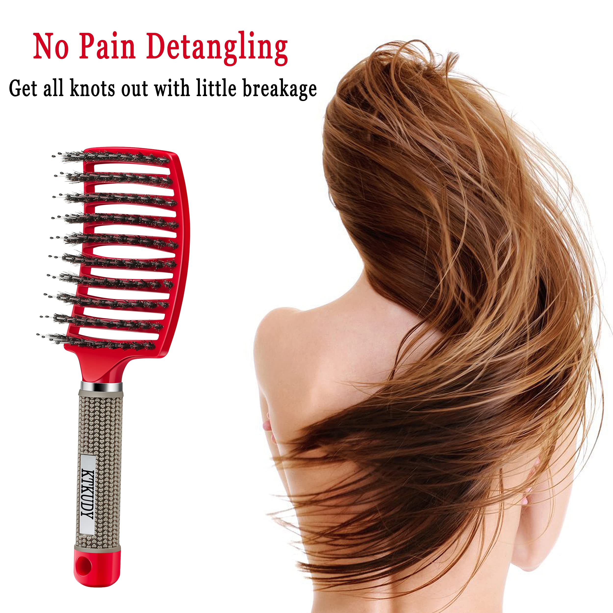 Detangling Brush Boar Bristles Set KTKUDY Hair Brush Curved and Vented Detangler Brush for Women Men Kids Wet and Dry Hair (Red&Black)
