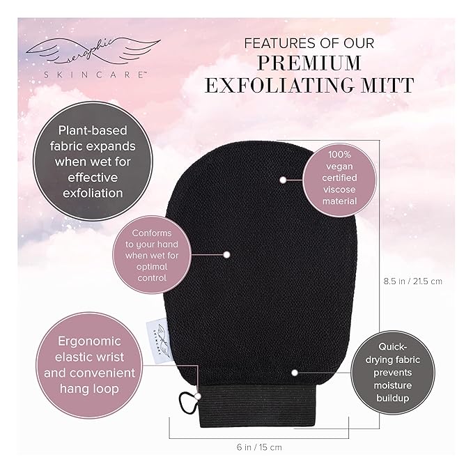 Seraphic Skincare Original Premium Exfoliating Mitt for Body (1pc) – 100% Vegan Viscose Traditional Body Scrub Glove Kessa Korean Washcloth – Body Exfoliator for Self-Tan Removal & Keratosis Pilaris