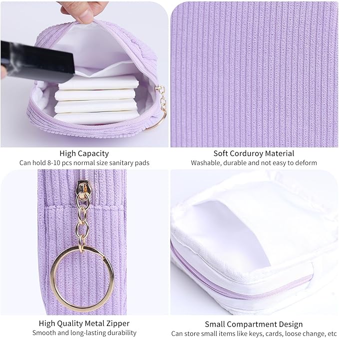 Teircno Sanitary Napkin Storage Bag, Preppy Corduroy Period Bag for Women, Cute Portable Period Pouch with Zipper, Sanitary Pads Bag Tampons Holder for Purse, First Period for Women Ladies